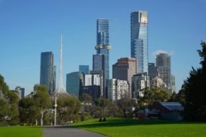 Melbourne's iconic skyline with Eureka Tower and Arts Centre Spire from Alexandra Gardens.